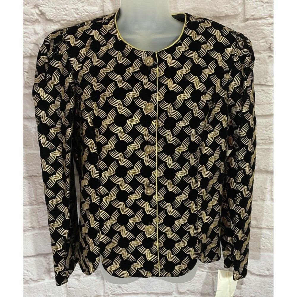 New Vintage Art Deco Velvet Blazer Gold Metallic Button Front Jacket Black 9977